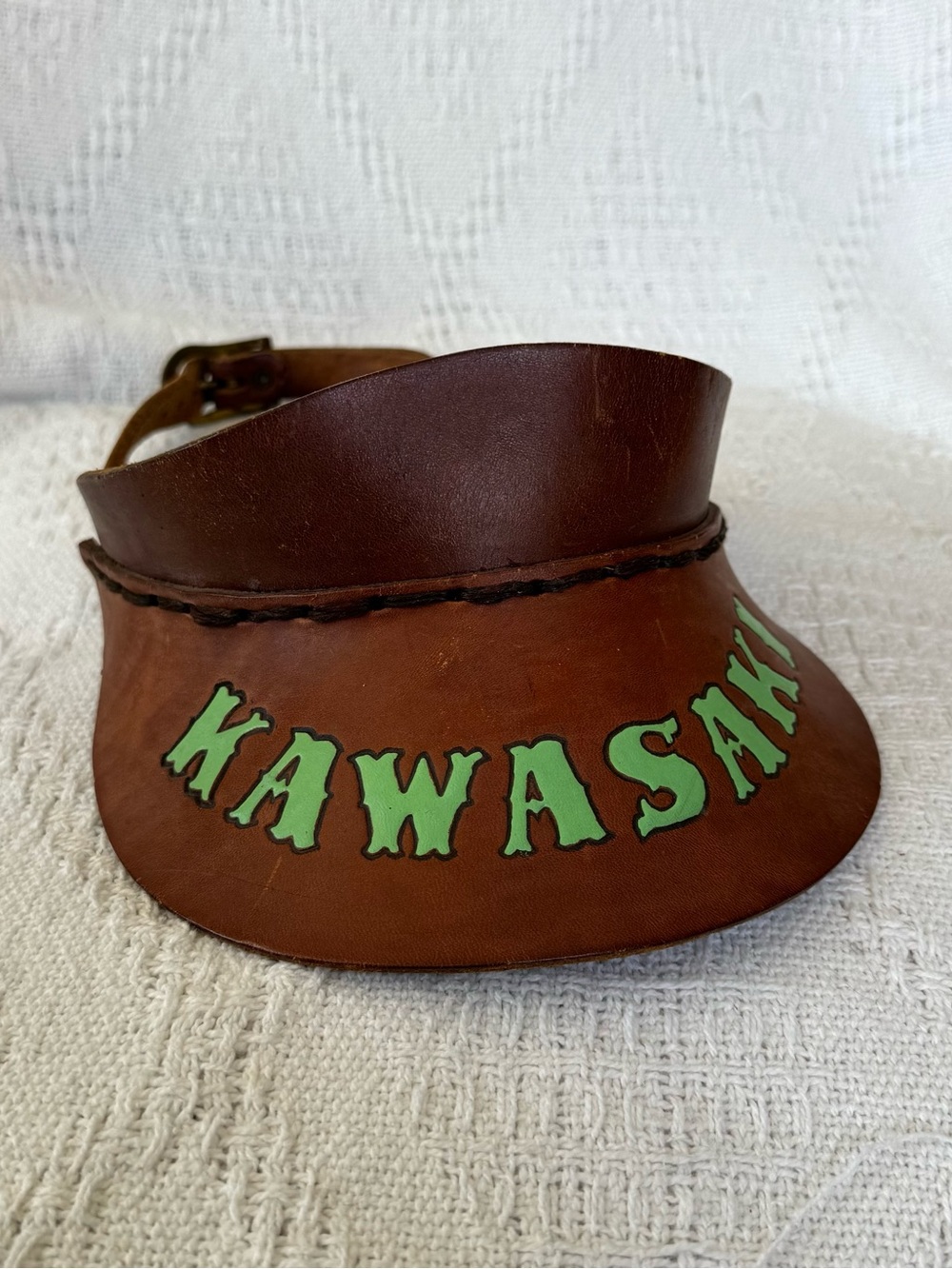 Kawasaki Vintage Brown Leather Visor with Green Logo